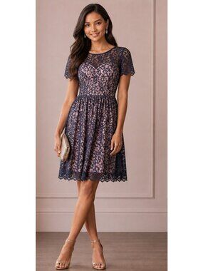 Eliza J size 6 romantic blue lace dress w blush lining sweetheart neckline Party